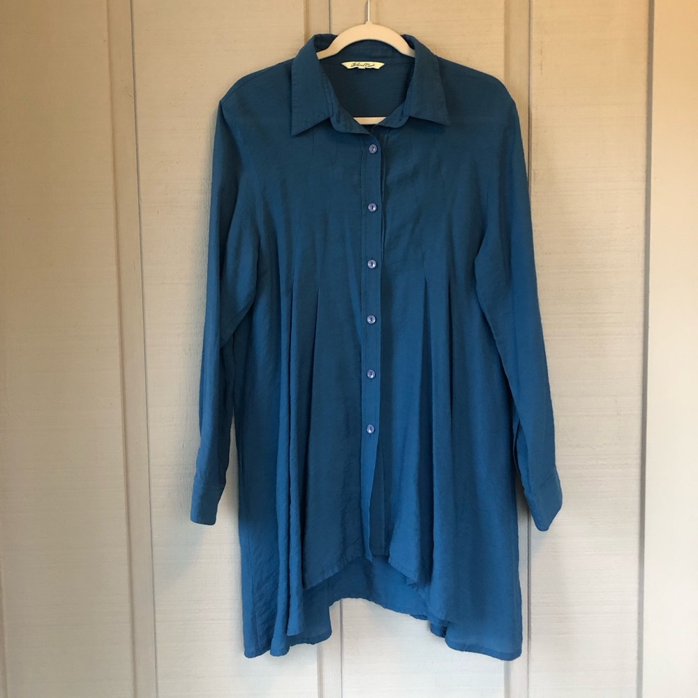 Redwood Court Silk Blend Flowy Royal Blue Tunic Top Hi Lo M/L